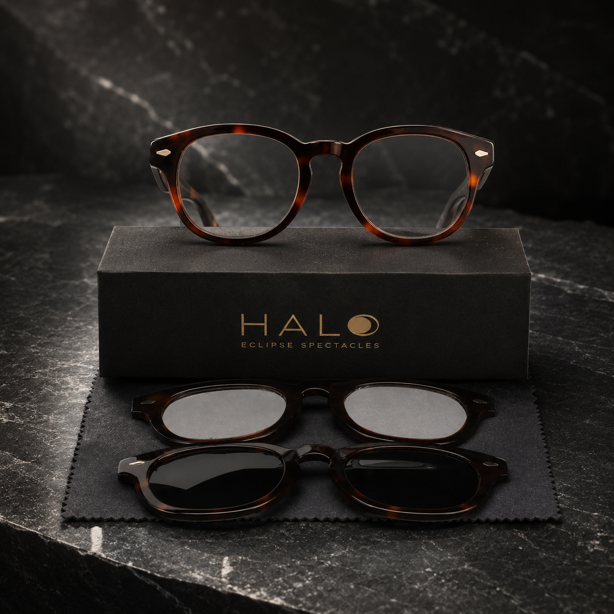 HALO Phoenix acetate frame with three interchangeable magnetic lenses: blue-light, polarized UV400 sunglass, and ISO 12312-2 eclipse